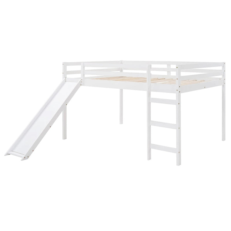 Lit mezzanine pleine grandeur avec toboggan, design multifonctionnel (blanc)
