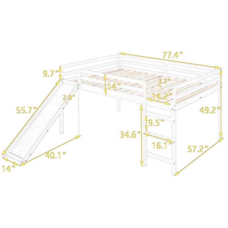 Lit mezzanine pleine grandeur avec toboggan, design multifonctionnel (blanc)