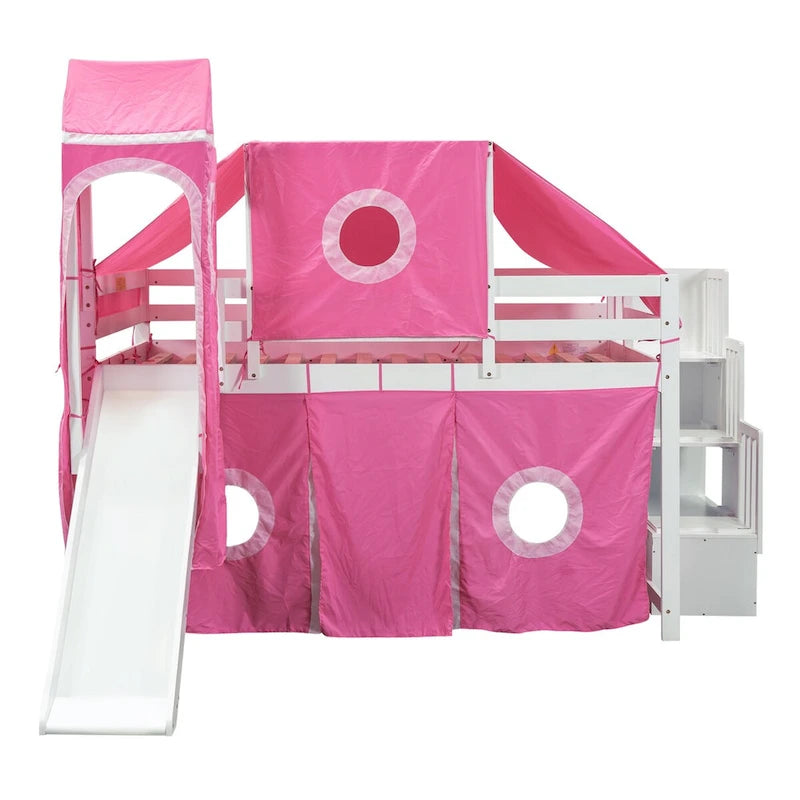 Lit mezzanine rose en pin massif avec escalier de rangement, toboggan, tente, tour, garde-corps