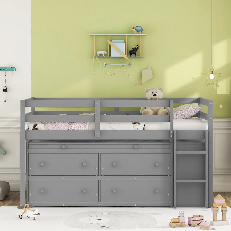 Twin Size Loft Bed with Writing Desk and 4 Drawers
