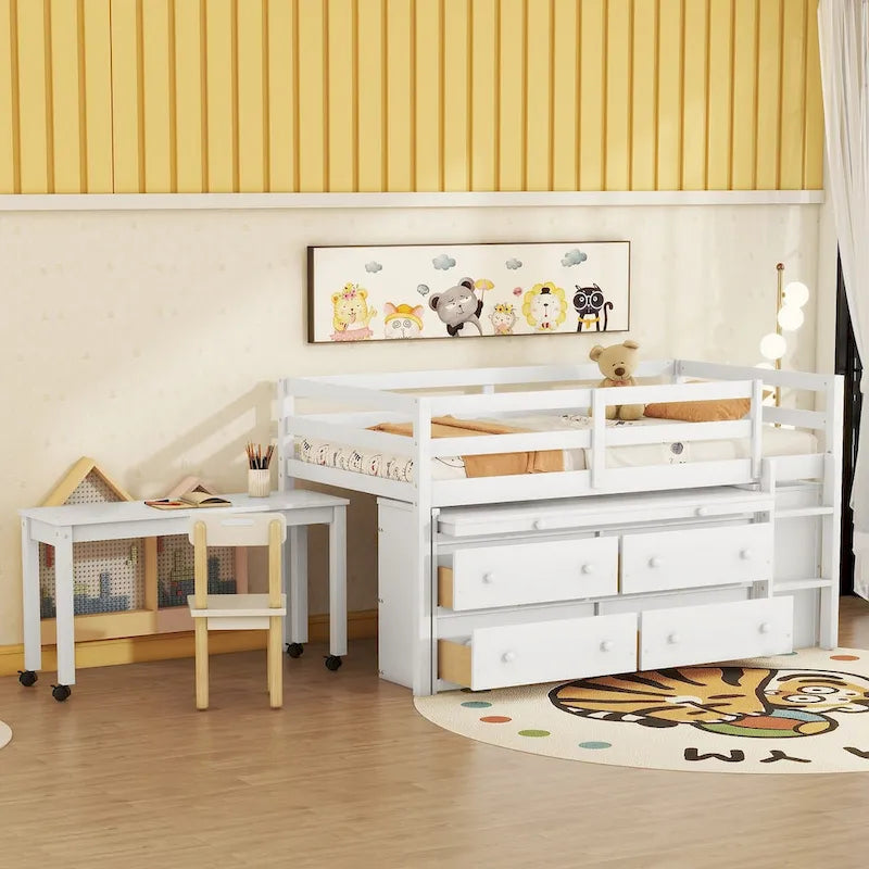 Lit mezzanine double avec bureau et 4 tiroirs