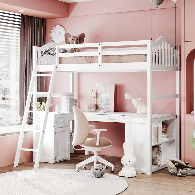 Lit mezzanine jumeau avec tiroirs, armoire, étagères et bureau