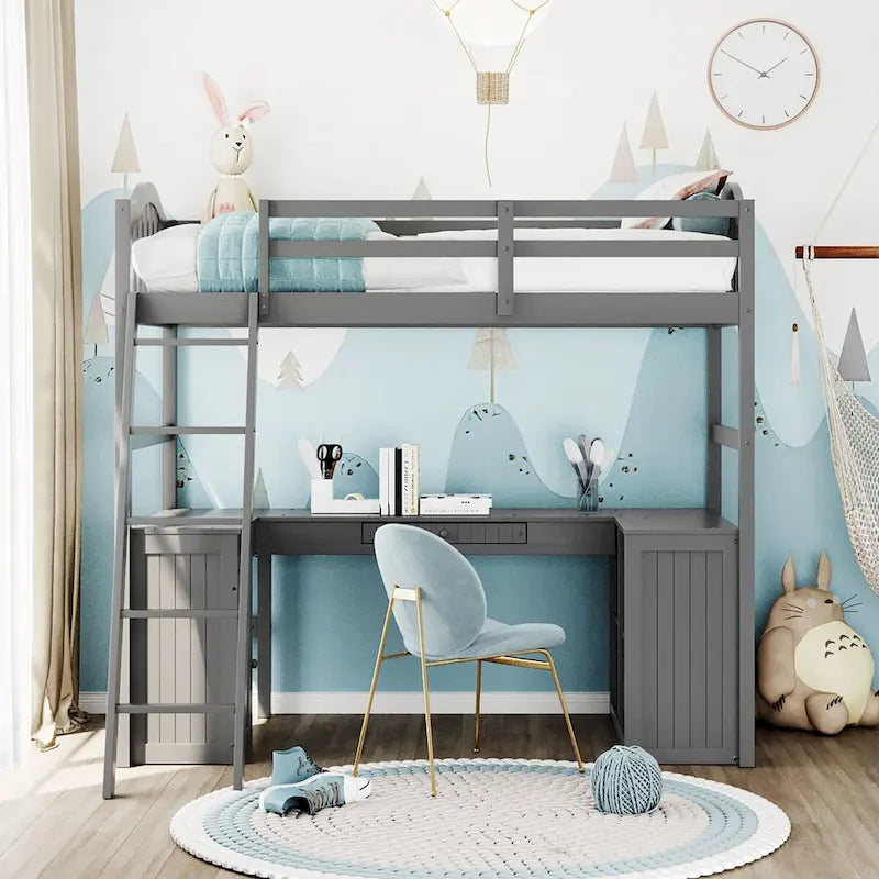 Lit mezzanine jumeau avec tiroirs, armoire, étagères et bureau