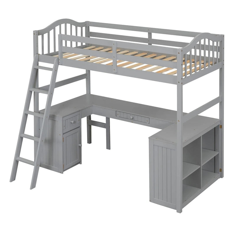 Lit mezzanine jumeau avec tiroirs, armoire, étagères et bureau