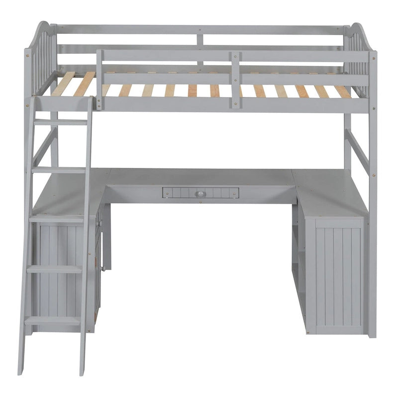 Lit mezzanine jumeau avec tiroirs, armoire, étagères et bureau