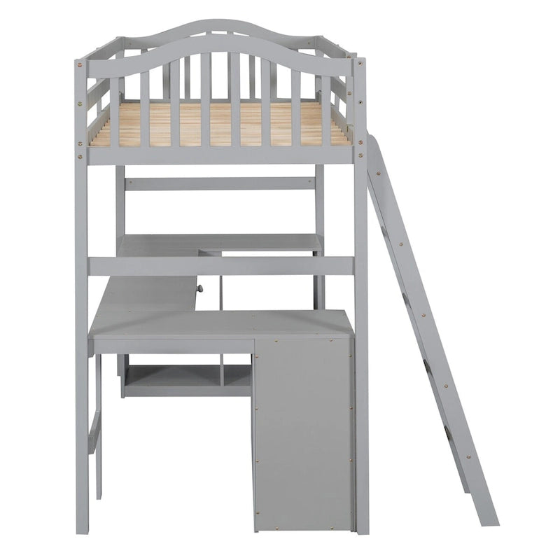 Lit mezzanine jumeau avec tiroirs, armoire, étagères et bureau