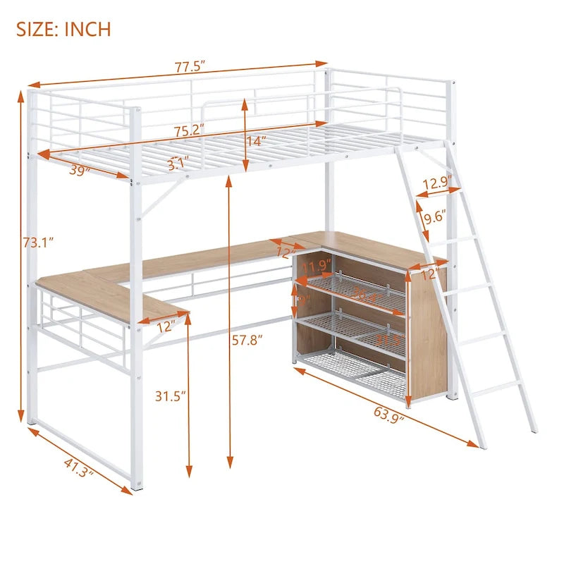 Lit mezzanine en métal double avec bureau en L et 3 étagères, échelle réversible