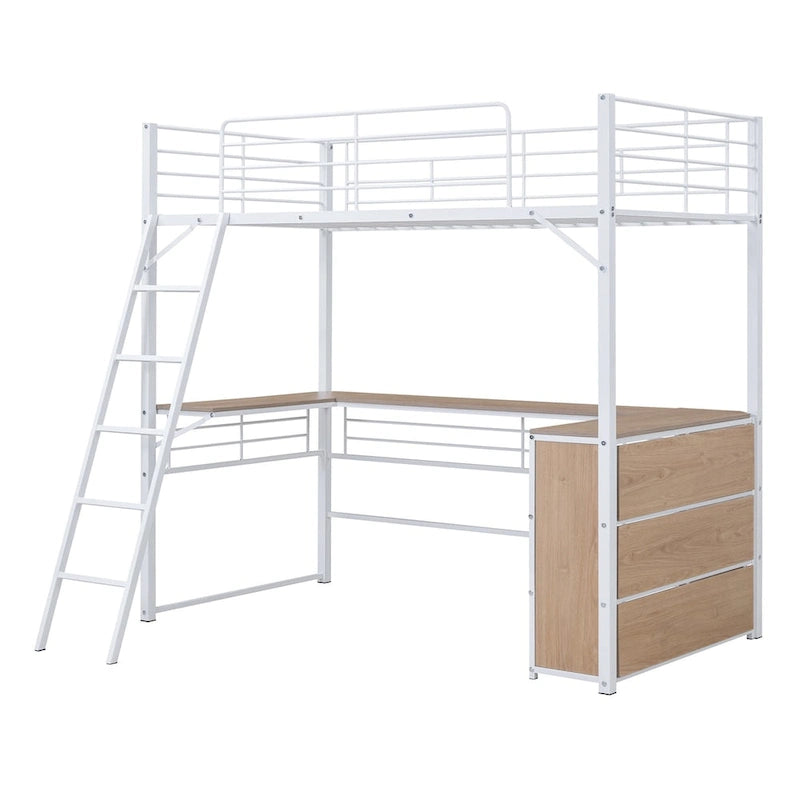 Lit mezzanine en métal double avec bureau en L et 3 étagères, échelle réversible