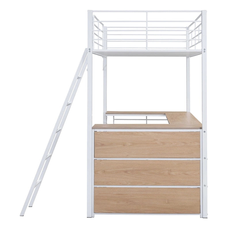 Lit mezzanine en métal double avec bureau en L et 3 étagères, échelle réversible