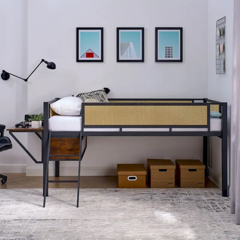 Lit double mezzanine en métal avec bureau rectangulaire, lumières LED