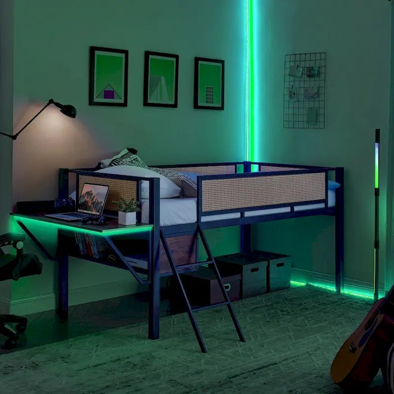 Lit double mezzanine en métal avec bureau rectangulaire, lumières LED