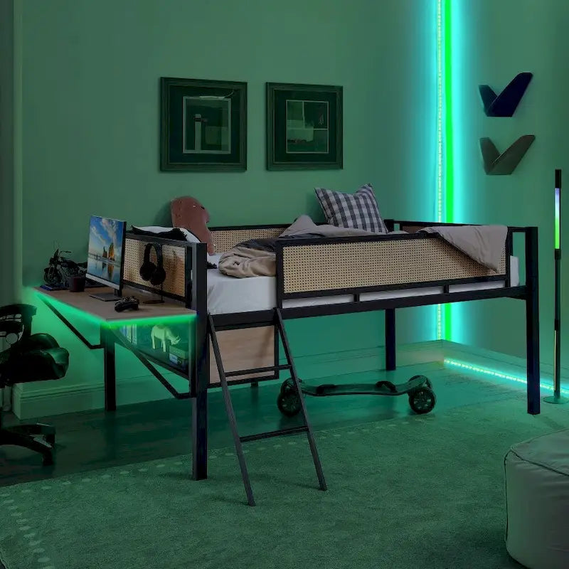 Lit double mezzanine en métal avec bureau rectangulaire, lumières LED