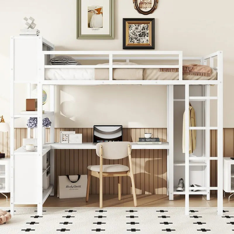 Modern Metal Full Size Loft Bed with Wardrobe and L-shaped Desk