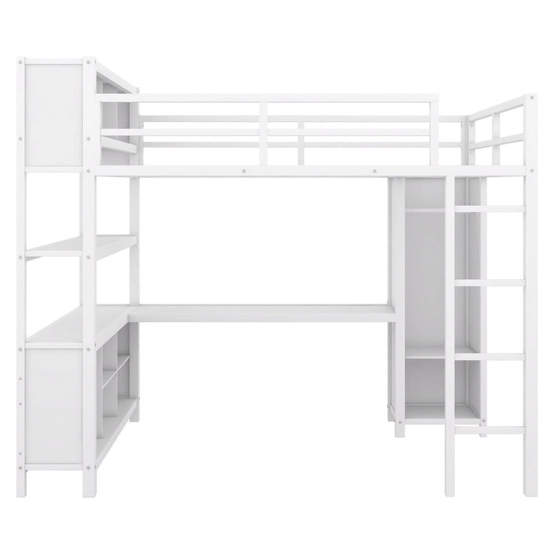 Lit mezzanine pleine grandeur en métal moderne avec armoire et bureau en L
