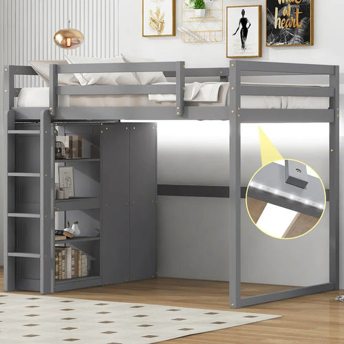 Lit mezzanine pleine grandeur avec armoire intégrée, étagères de rangement et éclairage LED
