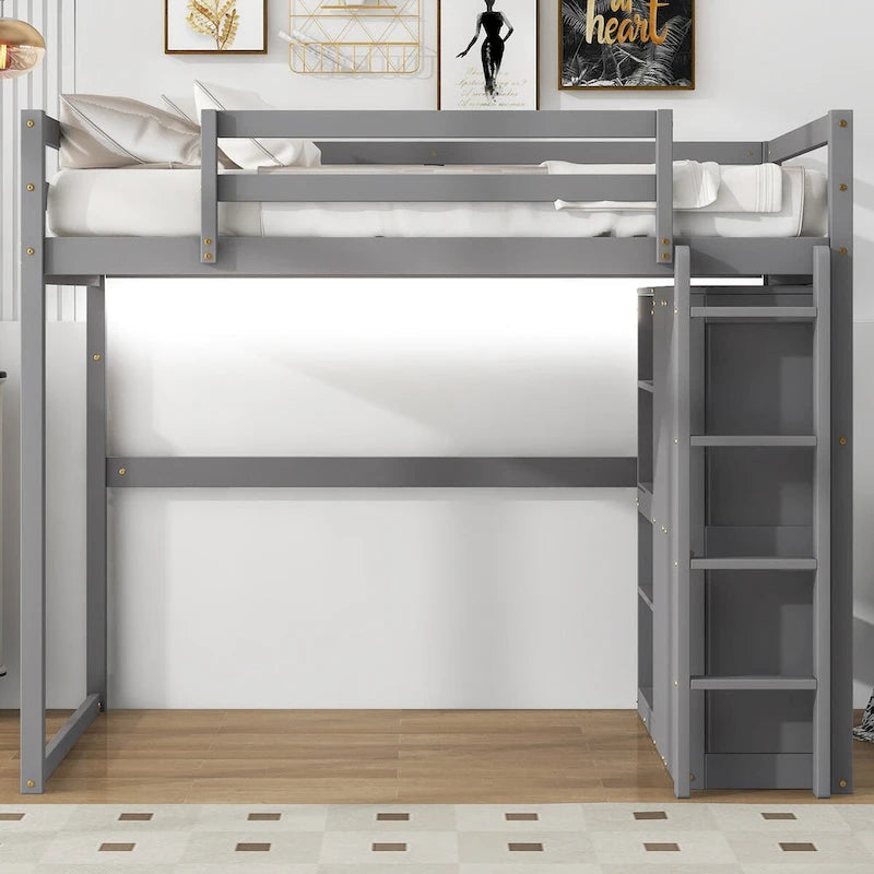 Lit mezzanine pleine grandeur avec armoire intégrée, étagères de rangement et éclairage LED