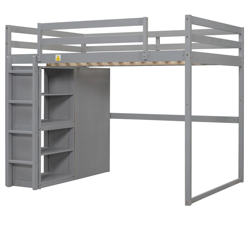 Lit mezzanine pleine grandeur avec armoire intégrée, étagères de rangement et éclairage LED