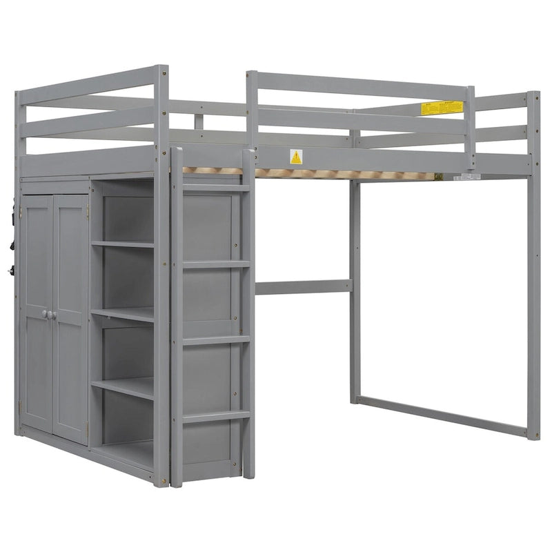 Lit mezzanine pleine grandeur avec armoire intégrée, étagères de rangement et éclairage LED
