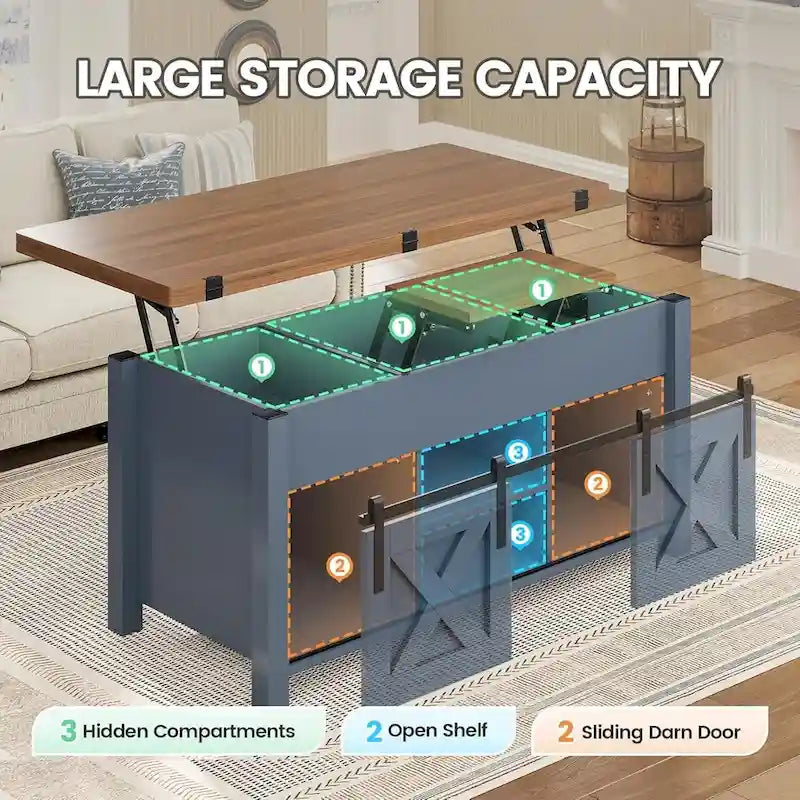 Table basse relevable avec 2 portes de grange coulissantes et rangement