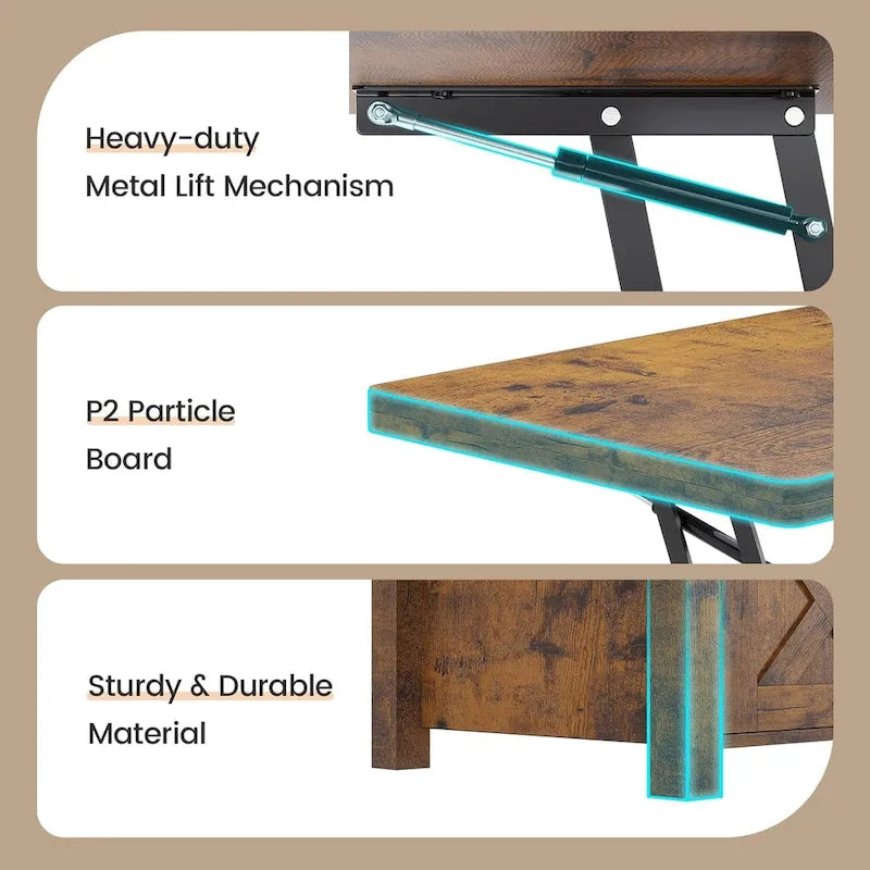 Table basse relevable avec 2 portes de grange coulissantes et rangement