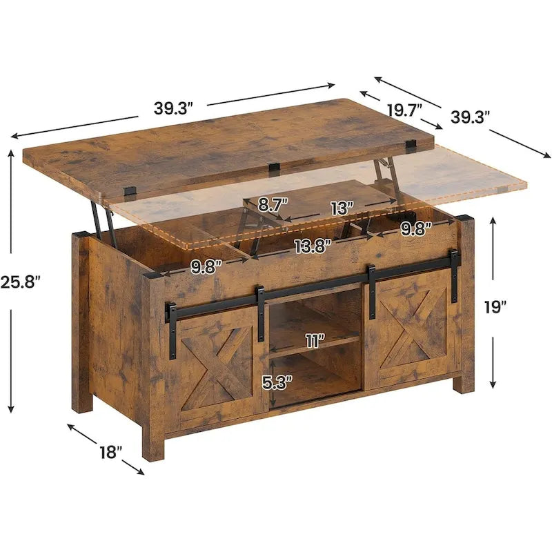 Table basse relevable avec 2 portes de grange coulissantes et rangement