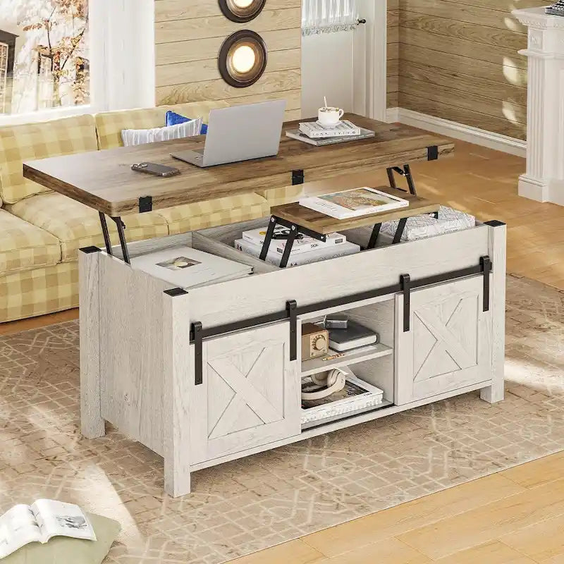 Table basse relevable avec 2 portes de grange coulissantes et rangement